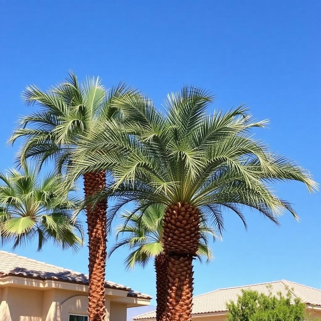 Freshly trimmed palm trees against blue sky