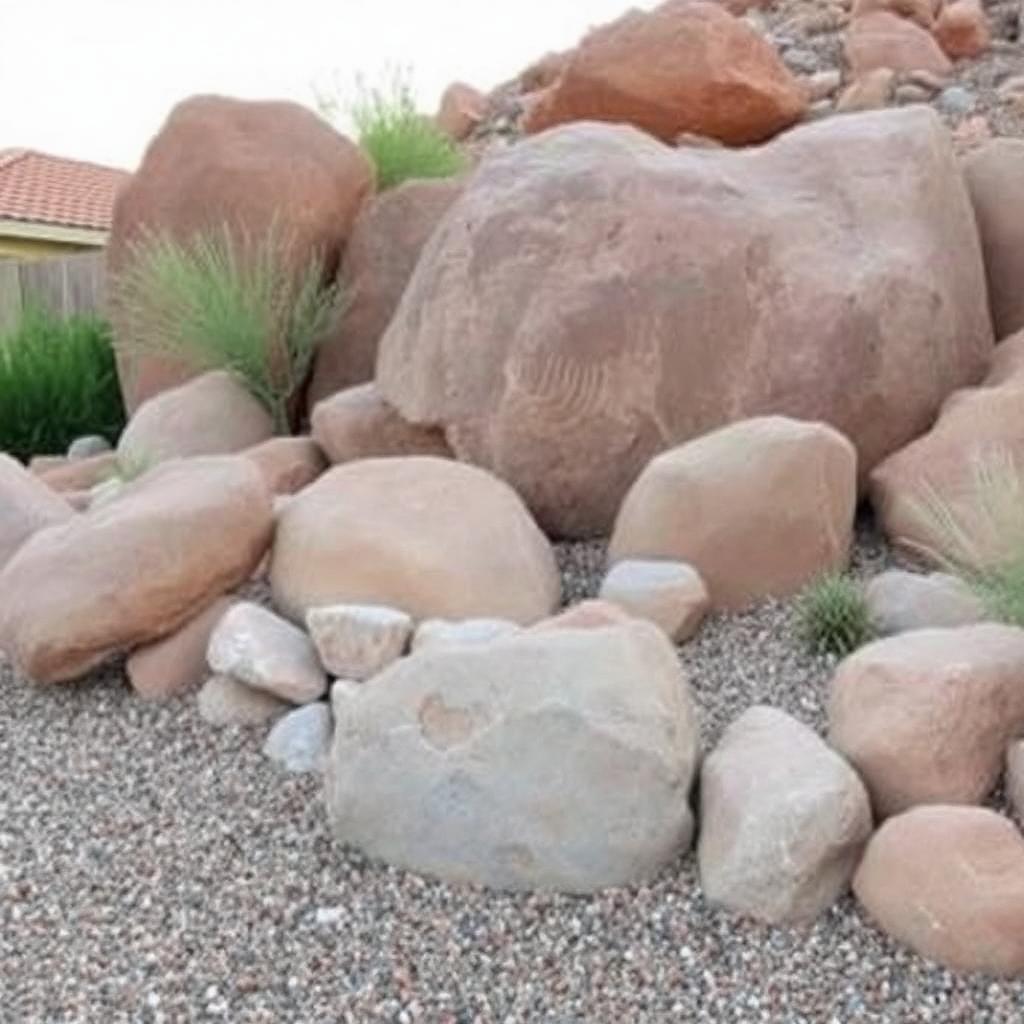 Rip rap boulders and decorative gravel landscaping