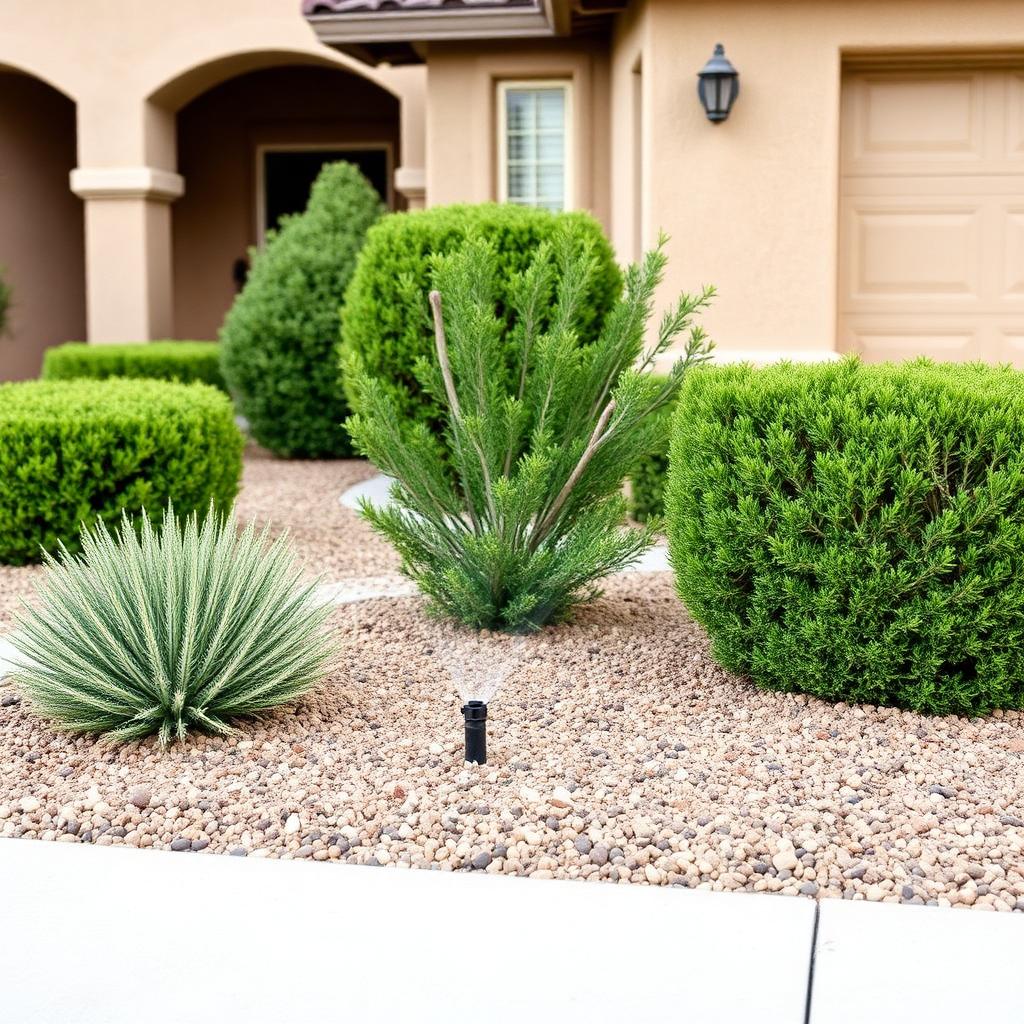 Maintained desert front yard with shrubs and drip irrigation